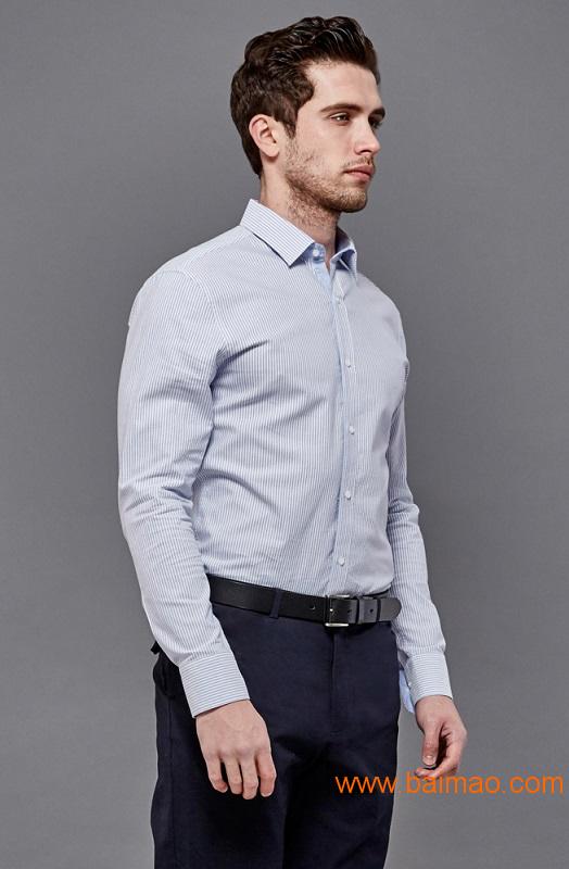 男士衬衫--浅蓝条牛津纺纯棉衬衫--拉雅网男装定制