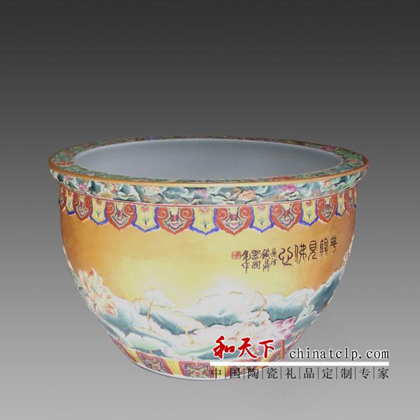 景德镇青花手绘创意陶瓷鱼缸 大金鱼盆水浅乌龟缸