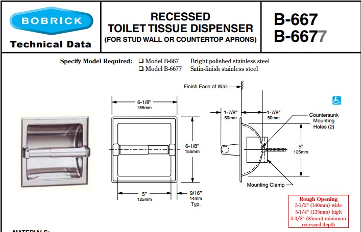 Bobrick B-667 入墙式卫生纸架