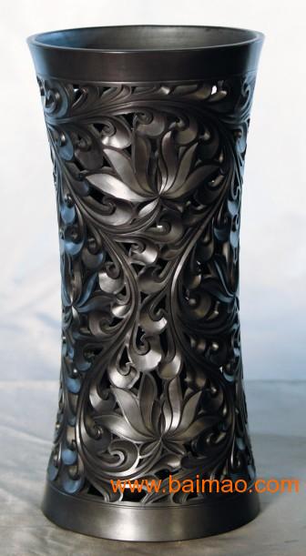 黑陶镂空花瓶摆件，**黑陶礼品，正宗龙山黑陶
