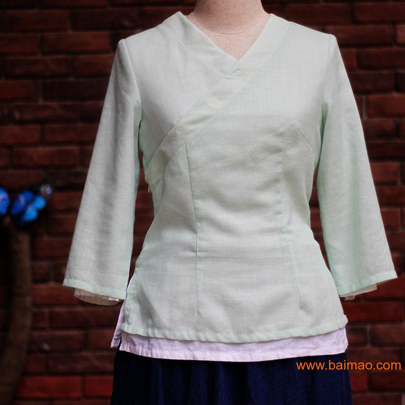 中式棉麻女装改良款青绿色唐装汉服茶服禅服