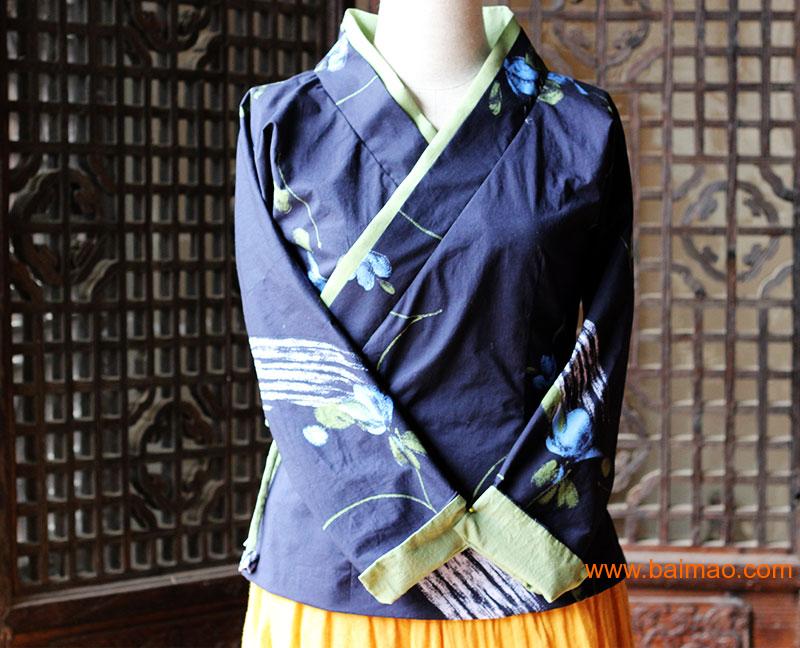 中式棉麻女装蓝色花禅意改良款唐装汉服禅服茶服