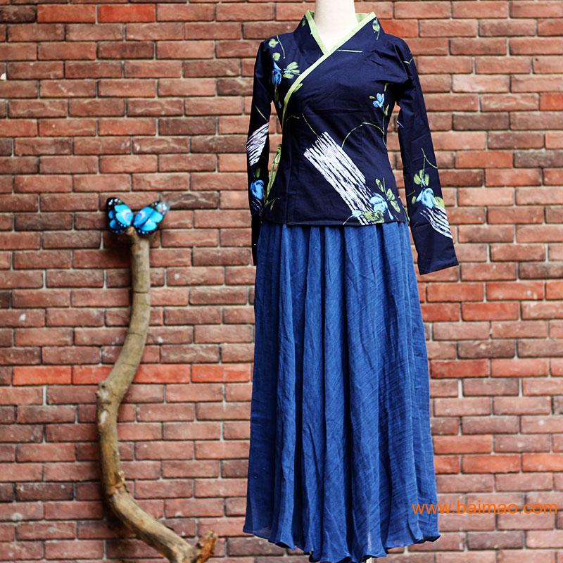 中式棉麻女装蓝色花禅意改良款唐装汉服禅服茶服