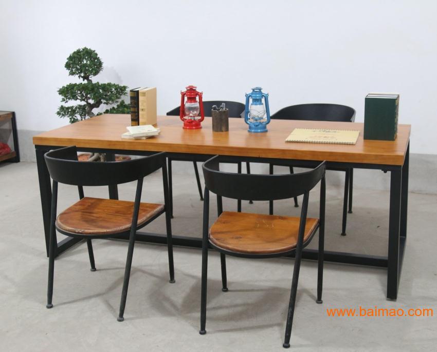 美式乡村餐桌公司电脑会议桌简易吧台桌铁艺实木桌椅做