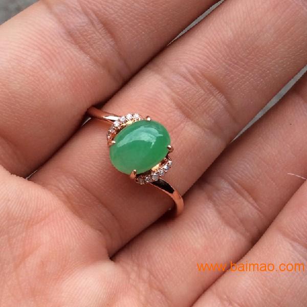 18K玫瑰金戒指定做，**的翡翠阳绿蛋面戒指尽在有利珠宝