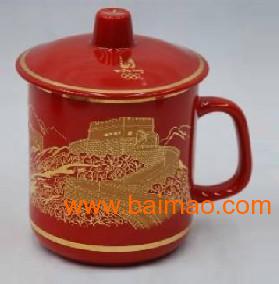 厂家供应景德镇中国红瓷茶杯 中国红瓷礼品 商务套装