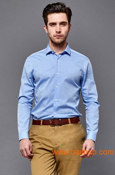 男士衬衫定制--天蓝色提花纯棉小方领衬衫