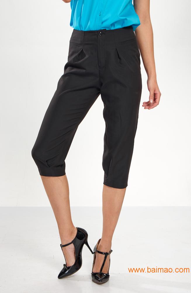 女裤定制--黑色收口带褶七分裤