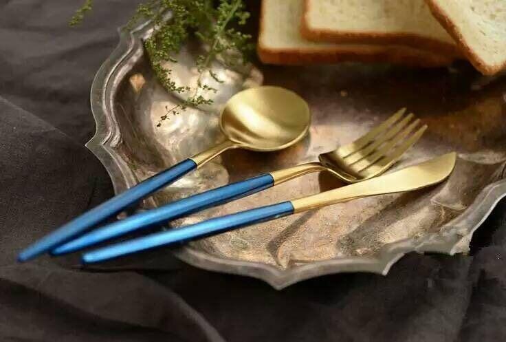 304餐具套装刀叉勺 葡萄牙尖尾蓝柄 蓝柄金不锈钢