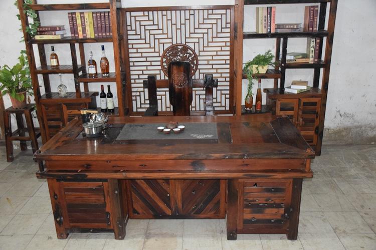 古老船木茶桌中式实木乌金石茶台椅子组合家具定做批发