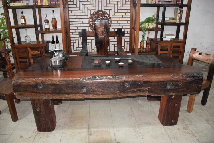 古老船木茶桌中式实木乌金石茶台椅子组合家具定做批发