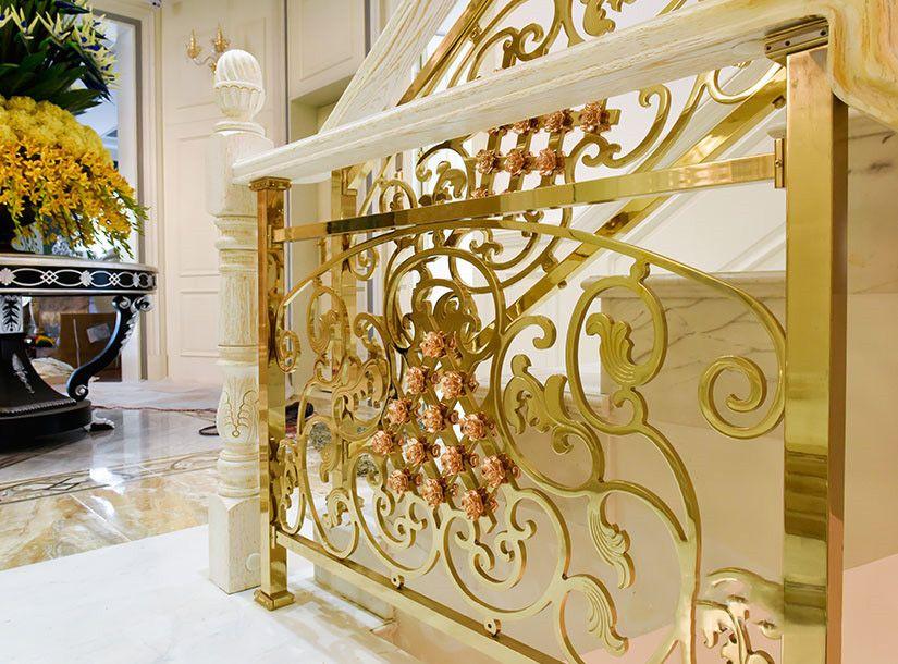 新款铜铝欧式楼梯扶手 别墅24K金雕花楼梯护栏