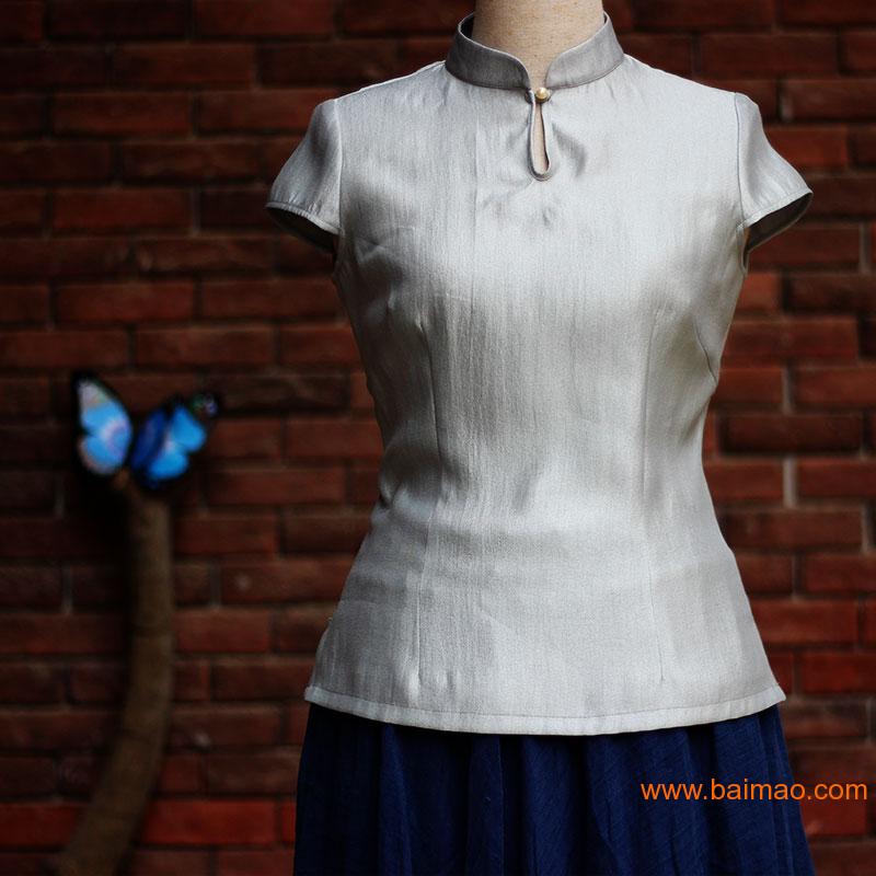 中式棉麻女装丝麻珍珠扣短款改良唐装汉服上衣